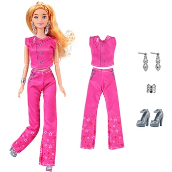 1 Sada Ružová Módne Oblečenie Set Pre Bábiku Barbie Hot Film Oblečenie, Nohavice, Topánky Náramok Náušnice Pre 1/6 BJD Bábiky, Príslušenstvo Hračky