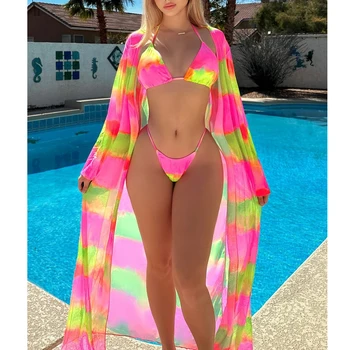 2023 3pack Plavky S Kimono Ženy Tropických Tlač Bikiny, Plavky, Plážové Kryt Up plavky s uväzovaním za Bikini Set Plaviek