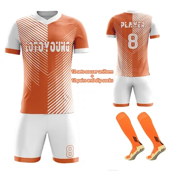 2024 Vlastné Obsahovať Logo a Názov Tímu Futbal Uniformy Orange Futbal Tričko Biele Futbal Šortky s Anti-Sklzu Ponožky