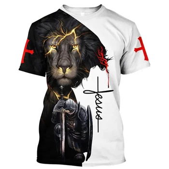 3D vytlačené T-shirt, Boh, Náboženstvo, Kristus, Ježiš a Lev, 0 tvaru, krátke rukávy, streetwear, voľný top, nadrozmerné T-shirt, 6XL