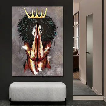 Africké Čierne Žena Plátno, Maľovanie, Abstraktné Slnečnice, Crown Kráľovnej Plagát, Tlač Wall Art Obrázky, Izba Dekor Nástenné Maľby