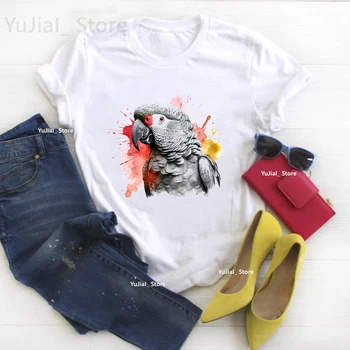 Africké Šedá Papagáj Vták Print T Shirt dámske Oblečenie Letné Módy Krátky Rukáv T-Shirt Žena Harajuku Tričko Streetwear