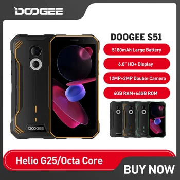 DOOGEE S51 Robustný Smartphone 6.0 Palcový HD 4 GB 64 GB Mobilné Telefónne 12MPX Fotoaparát 5180mAh Batérie Android 12 Octa-Core Mobil s NFC