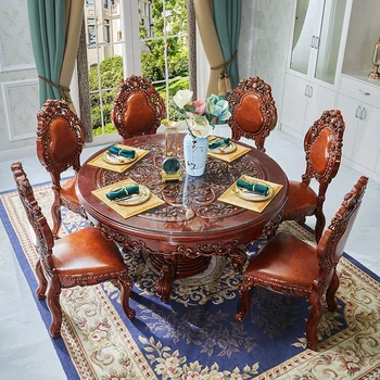 Európsky štýl plný masívneho dreva jedálenský stolík, sklenená doska, okrúhly stôl, Americké luxusné domáce kolo vyrezávané drevo povrch