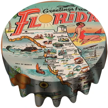 Florida Turistická Mapa Slnečného Štátu Retro Letectva Červené Lietadlo Pobrežie Cestovné Tematické Okrúhly Obrus Tým, Že Ho Ma Lili Tabuľka Deco