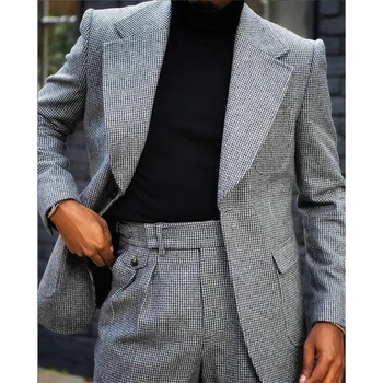 Houndstooth Pánske Obleky Pre Formálne Business Sako S Drážkou Klope Svadby Ženích Smoking 2 Ks Bunda, Nohavice Terno Masculino