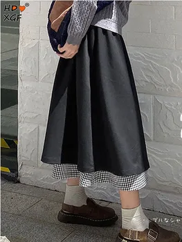 Jednoduché Patchwork Koberčeky Skladaná Sukňa Pre Ženy Vintage Elastické Vysoký Pás A-line Sukne kórejský Dizajn Voľné Midi Sukne Streetwear