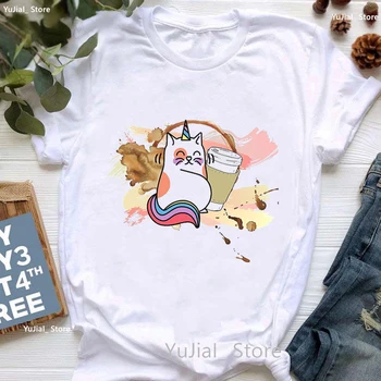 Kawaii Alpaky/Unicore S Kvetmi A Kávy Print T Shirt Dievčatá Letné Krátke Rukáv Tričko Femme Módne Topy Tee Tričko Žena