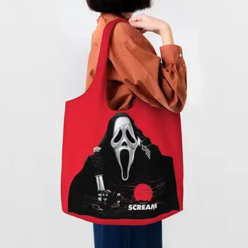 Kawaii Tlač Kričať Ghost Vrah Nakupovanie Tote Tašky Opakovane Plátno Shopper Ramenný Halloween Horror Film Kabelka