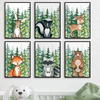 Králik Líška, Medveď, Jeleň Mýval Lesných Zvierat Wall Art Plátno Na Maľovanie Nordic Plagáty Vytlačí Na Stenu Obrázky Dieťa Dieťa Miestnosti Dekorácie
