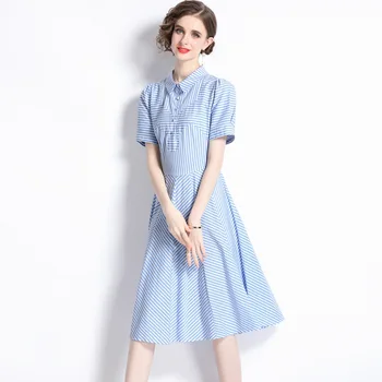 Letné Šaty Žien 2023 Módne Vintage Prúžok Krátke Rukávy Pás Bežné Mid-dĺžka Modré Tričko Šaty