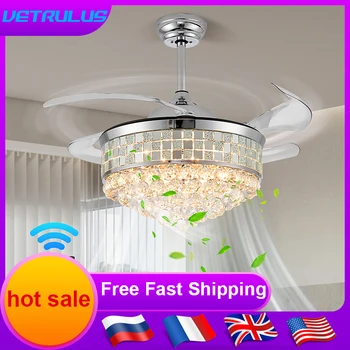 Moderné Stropný Ventilátor Lampa s Led Svetlom Fandeli Zdvíhateľnej Luster Neviditeľné Čepele Luxusné Crystal Prívesok Fanúšikov Spálňa Decor
