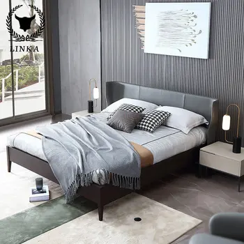 Moderný minimalistický masívneho dreva manželská posteľ taliansky minimalistický spálňa kožené postele cowhide nábytok