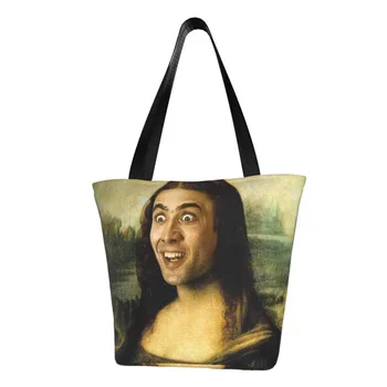 Móda Tlač Nicolas Cage Mona Lisa Zábavné Nakupovanie Tote Bag Recyklácie Plátno Ramenný Shopper Kabelka