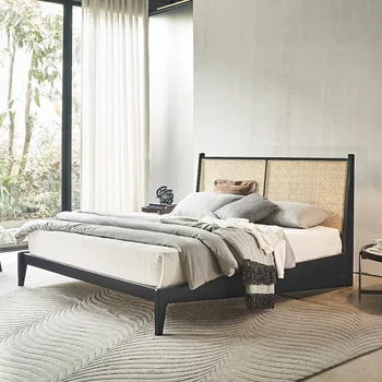 Nordic masívneho dreva posteľ posteľ Japonskom štýle, ratanový posteľ dizajnér klasická spálňa posteľ malých rodinných PJ manželská posteľ