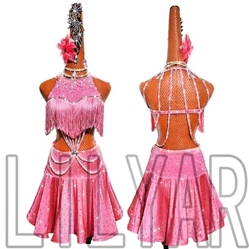 Nový latinský Tanečnej Súťaže Šaty Pás Denim Chacha Detí, Dospelých Výkon Šaty Ružové Strapec Pearl Pás
