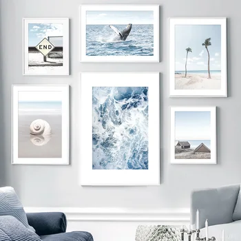 Ocean Veľryba Pláži Škrupina Kokosového Stromu Nordic Seascape Plagáty A Vytlačí Umelecké Plátno Na Maľovanie Obrazov Na Stenu Pre Obývacia Izba Dekor