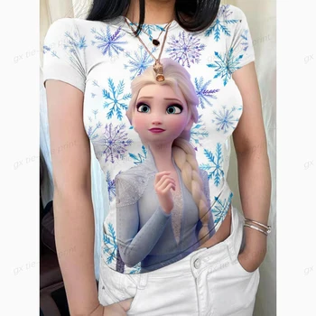 Roztomilý Disney Princezná okolo Krku Žien Tesný Top Fashion Street Krátky Rukáv Cartoon Frozen2 ELSA Princezná Top T-shirt