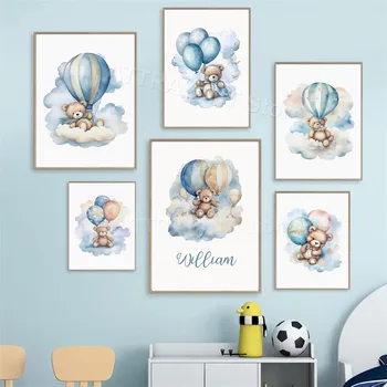 Roztomilý Medveď Teplovzdušný Balón Cloud Cartoon Zvierat Plagát Škôlky Nastaviť Wall Art Vytlačí Plátno Maľovať Obrázky Baby Detská Izba Decor