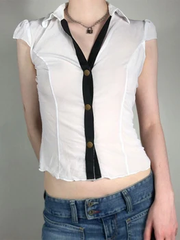 Ročné obdobia Oka Biele tričko Zase dole Golier Základné Ženy Orezať Začiatok Leta Bežné Krátke Sleeve Tee Tričko Roztomilý Streetwear ASTS87049