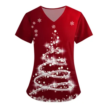 Vianočné Ošetrovateľskej Kroviny T-Shirt Topy Bežné Krátke Rukáv V krku Vrecku Ženy Kroviny Uniformy Ženy, Dojčiace Oblečenie S-2xl