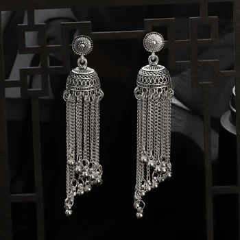Vintage Indickej Jhumka Náušnice pre Ženy, Thajsko Strieborná Farba Cigán Dlhý Strapec Charms Náušnice, Šperky, Módne Svadobné Uchu krúžok
