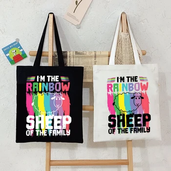 Vtipné Lgbt Ženy Kabelky som Rainbow Ovce Rodiny Grafika Plátno Tote Bag Opakovane Nákupní Taška Bočné Vrecko pre Dámy