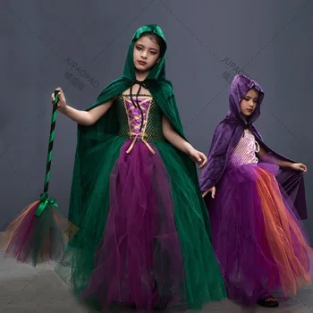 Zamaskovať Dievčatá Hocus Pocus Salem Čarodejnice Sestry Kostým Detský Halloween Efektné Šaty Tutu Šaty s Cape pre Cosplay Party Oblečenie