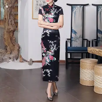 Červené Víno Slim Čínskej Tradičnej Cheongsam Krátky Rukáv Predné Split Vintage Šaty Ženy Dlhé Šaty Slivka Qipao