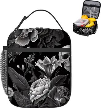 Čierna Biela s Kvetmi a Lebky Obed Taška Pre Ženy, Mužov Izolácie Prenosné Lunch Box Tote Tašky pre Prácu Piknik Cestovné Dary