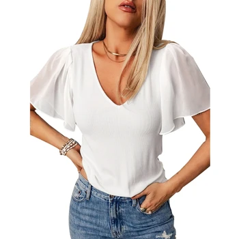 Ženy Prehrabať Krátke Rukáv V Krku T-Shirt Rebrovaný Srůsty Slim-Fit Blúzky